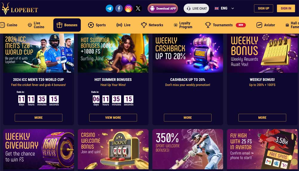 Lopebet casino bonus section