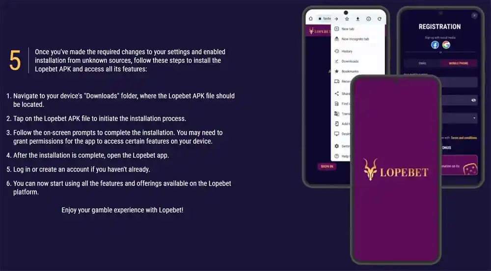 Detailed installation instructions for the Lopebet Android app